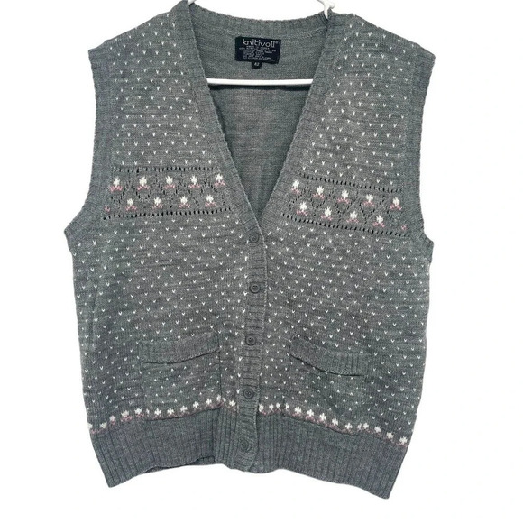 Vintage 80's Knit Sweater Vest KnitivoII Cardigan Size 42 Gray Made in Korea - Picture 1 of 12
